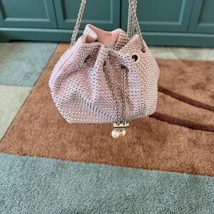 Sparkle Pink Crystal Drawstring Mini Bag with Chain Strap